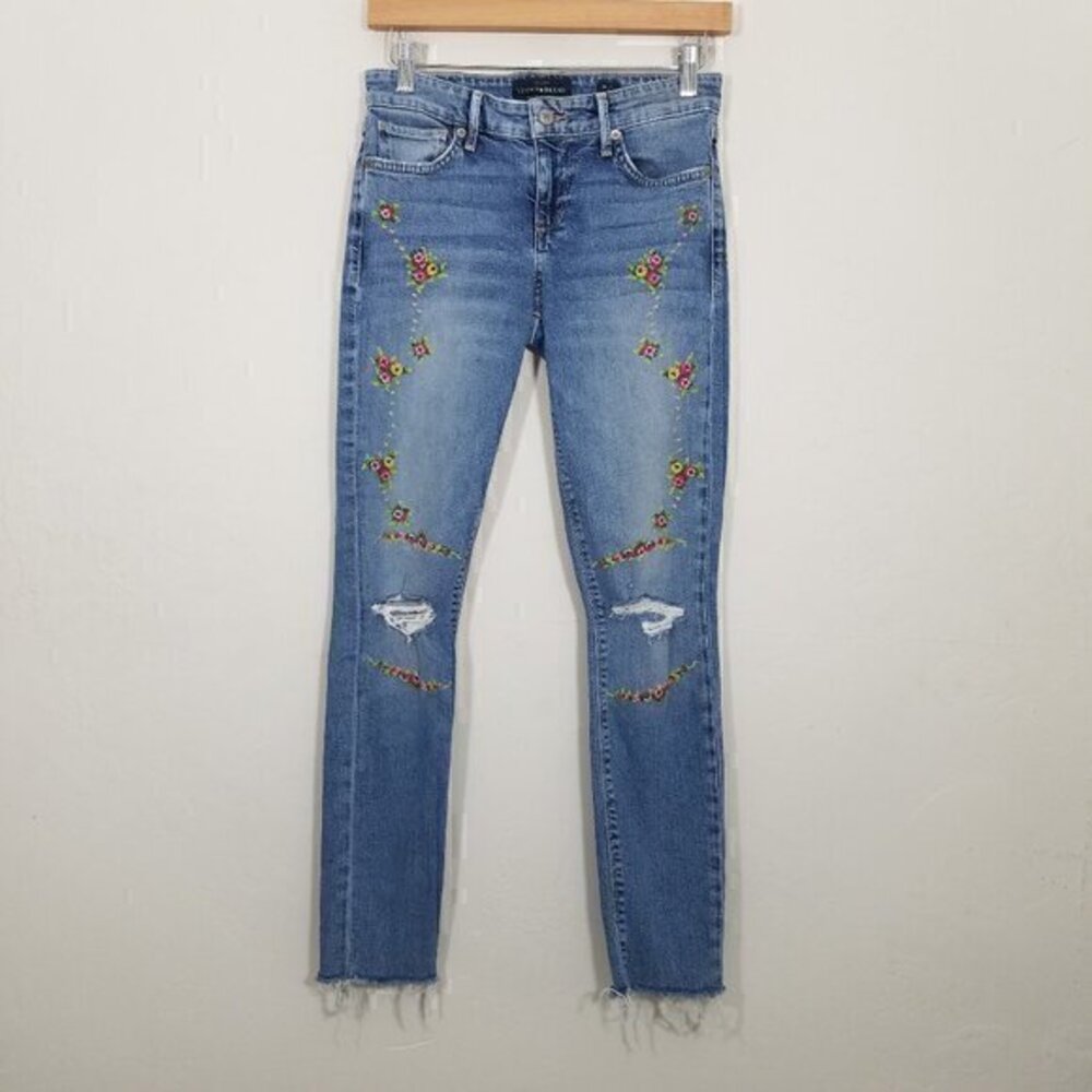 Lucky Brand Orta Premium AVA SKINNY Ankle Stretch Jeans Embroidered Floral Blue